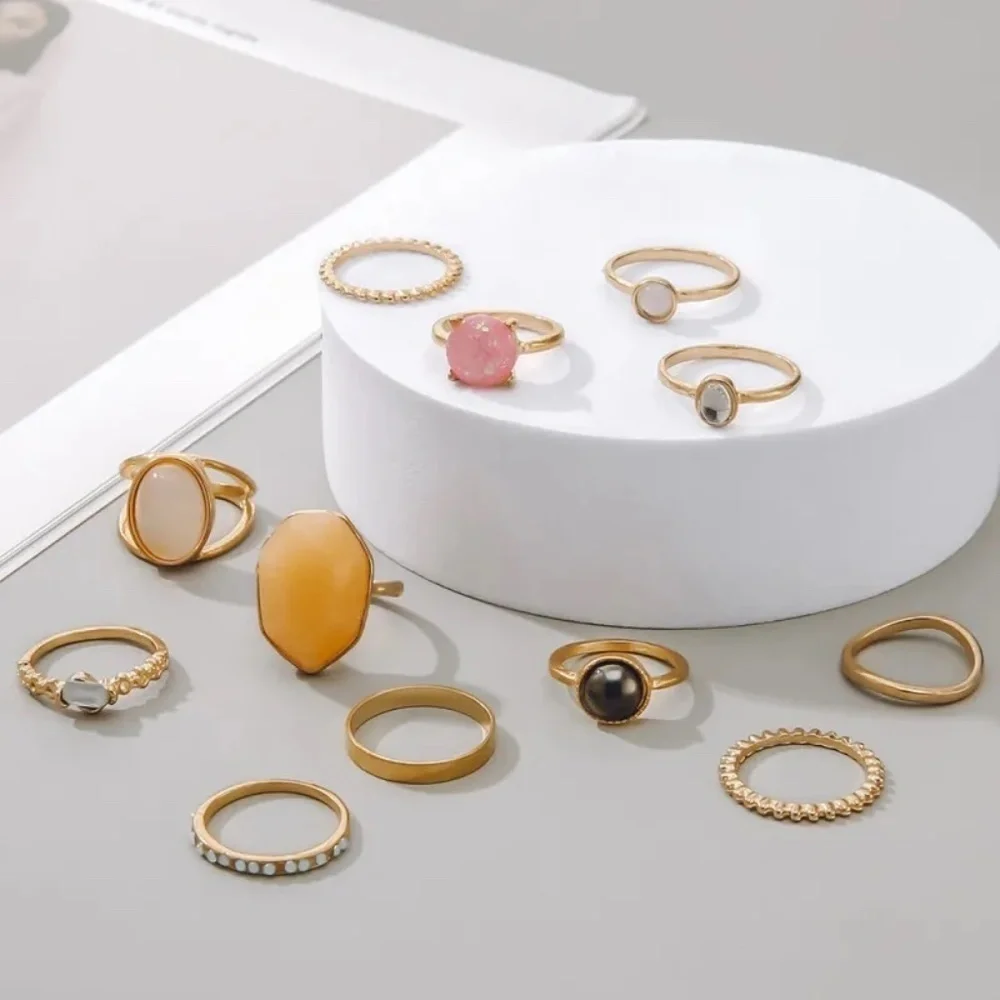 *MARTINE* 12-Pc Gold x Multicolor Gem Fashion Rhinestone Ring Set